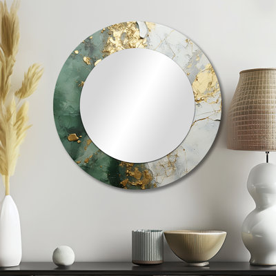Seneka Gold And Green Paint Fusion - Abstract Painting Decorative Mirror, Beige Large Round Wall Mirror, Printed Metal Art