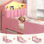 Structure de lit simple avec lit gigogne et lumières DEL, lit en velours pour filles avec tête de lit en forme de maison et station de charge, rose