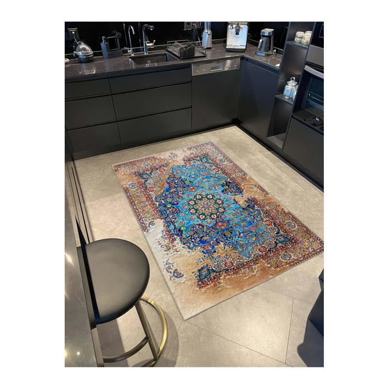 Blue Embroidered Traditional Modern Patterned Woven Base And Decorative Washable Carpet, Rectangle 2'4" x 4'