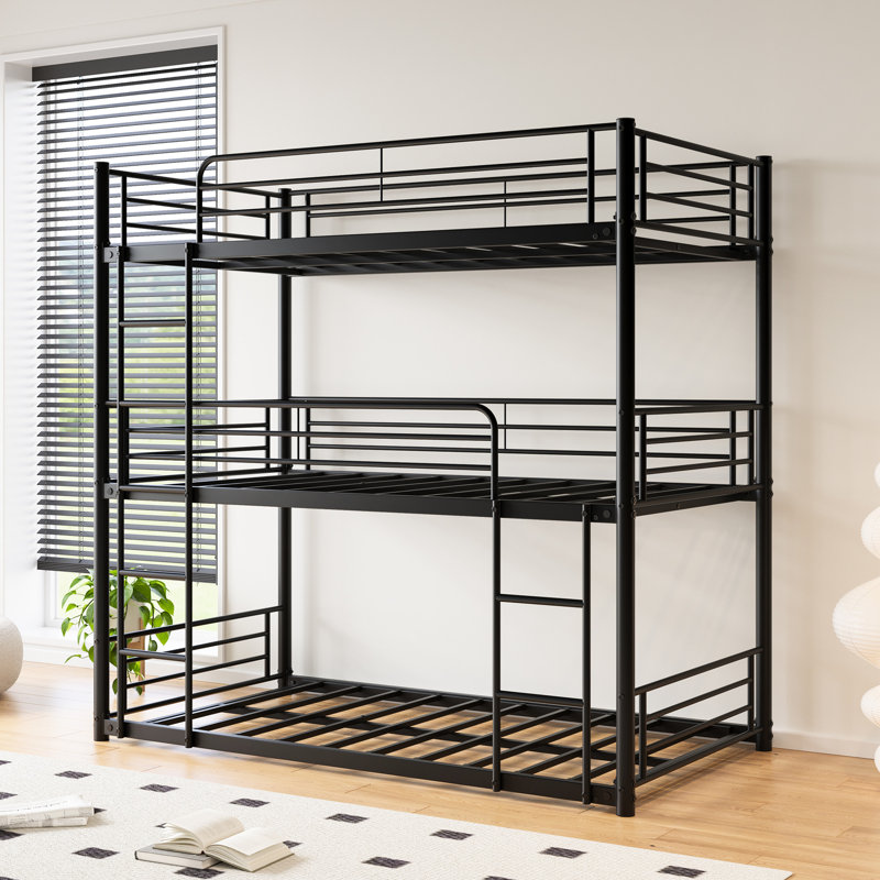 Triple lit superposé simple en métal, simple au-dessus d'un lit simple, noir et peu encombrant, sans sommier, garde-corps, deux échelles, convient aux dortoirs de la chambre à coucher, assemblage facile, caractéristiques, stabilité