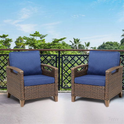 Outdoor Lounge Brown Wicker Chair Set of 2, Patio Lounge Chairs with Blue Cushions for Porch or Deck
