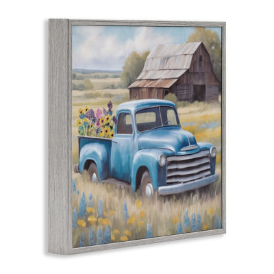 Flower Truck in Antique Blue Framed Giclee, design by Kim Allen