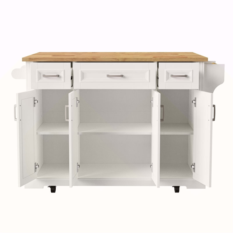 54Inch Large Kitchen Island With Rubber Wood Drop Leaf, Embossed Texture Rolling Kitchen Cart On 4 Wheels With 4 Doors And 3 Drawers, Kitchen Island With Storage For Kitchen, Dining Room