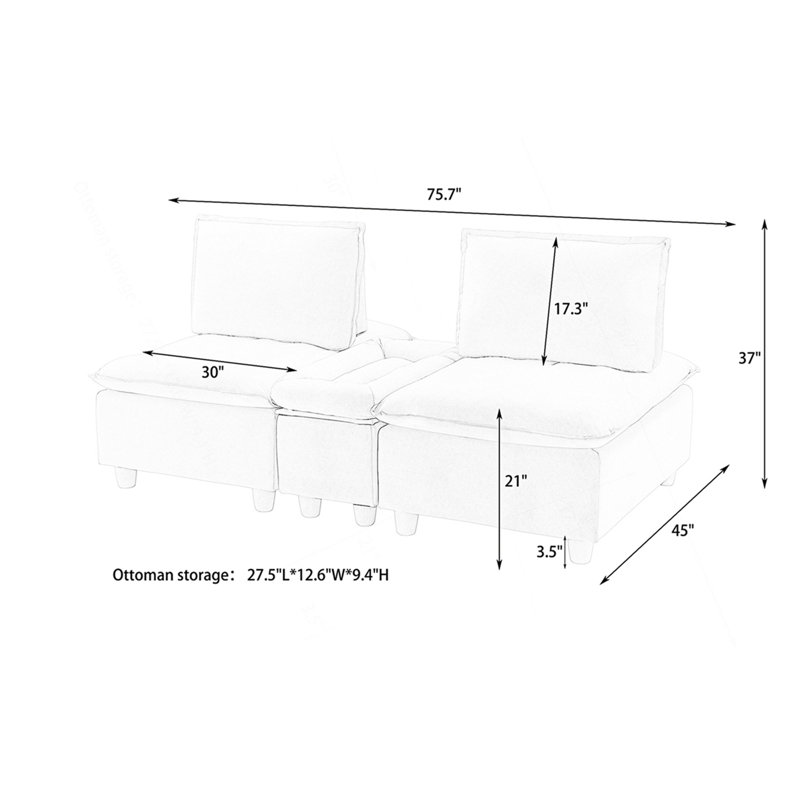Canapé minimaliste avec porte-gobelets, dossier réglable et compartiments de rangement, Beige