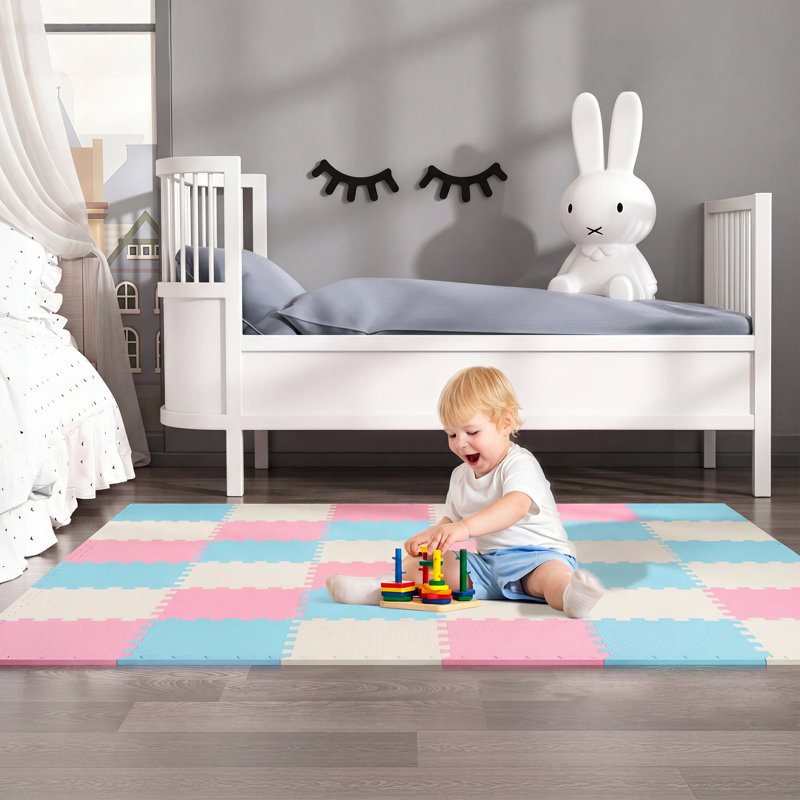  35.4'' W X 71'' L Interlocking Foam Playmat, Crawling Mat, Floor Mats for Baby Playroom or Gym, Blue/White/Pink