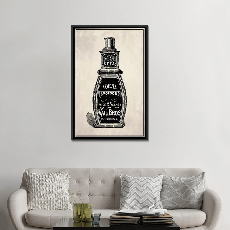 « poison », publicité rétro sur toile tendue, H 48 po x l 32 po x P 1,5 po, Toile avec cadre noir, Pas de tapis