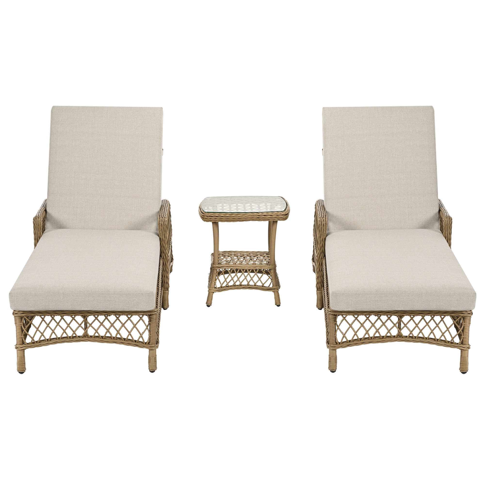 Kyla 3-Piece Wicker Patio Chaise Lounges With Side Table And Beige Cushions