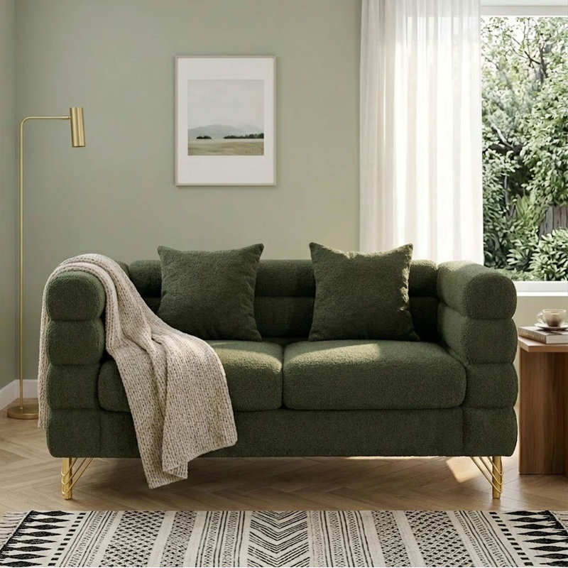Ornie Luxurious and comfortable upholstered sofa with metal legs and pillows for reception area and living room, Green Fabric