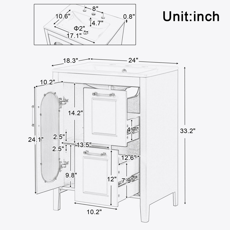Meuble-lavabo avec lavabo, meuble-lavabo avec deux tiroirs et porte, tablette réglable