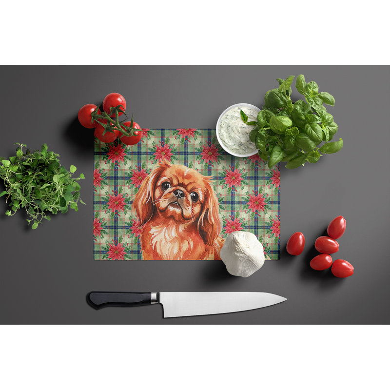Red Pekingese Christmas PoinsettIas Glass Cutting Board