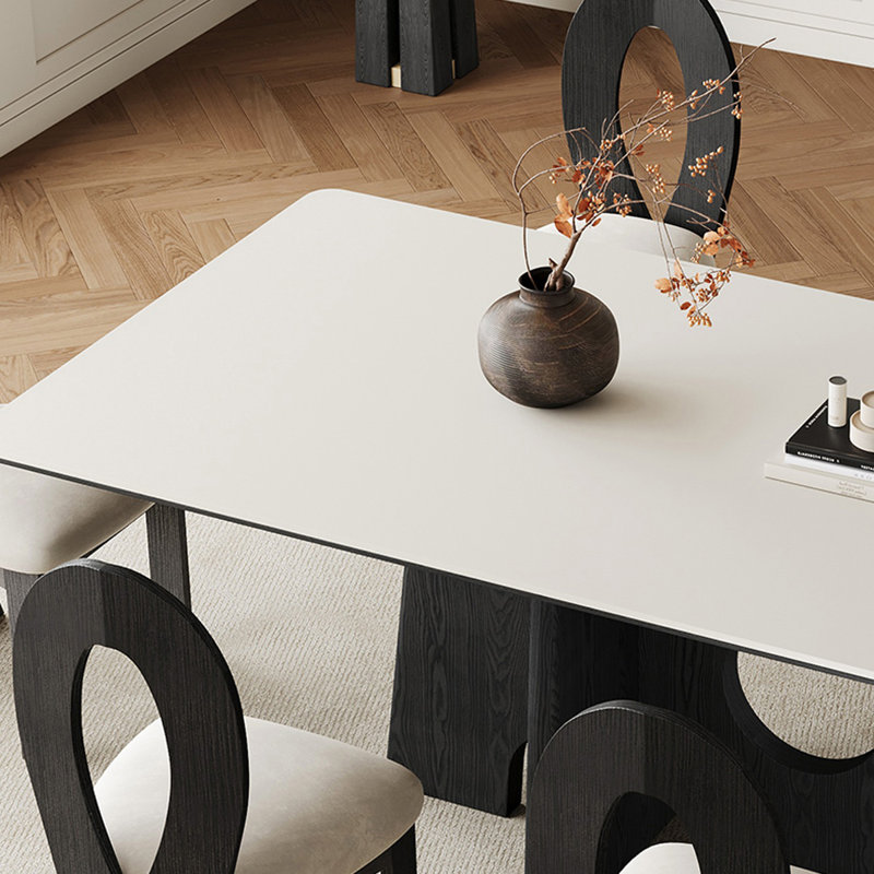 French Retro Light Luxury Rectangular Dining Table Pedestal Dining Set, 5 Piece Dining Set