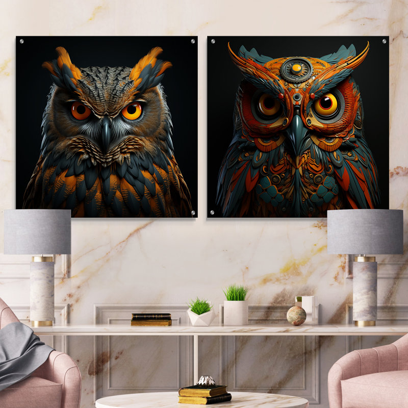 Hibou Expressionist Gaze - ensemble de 2 verres muraux en acrylique, H 36 po x l 73 po