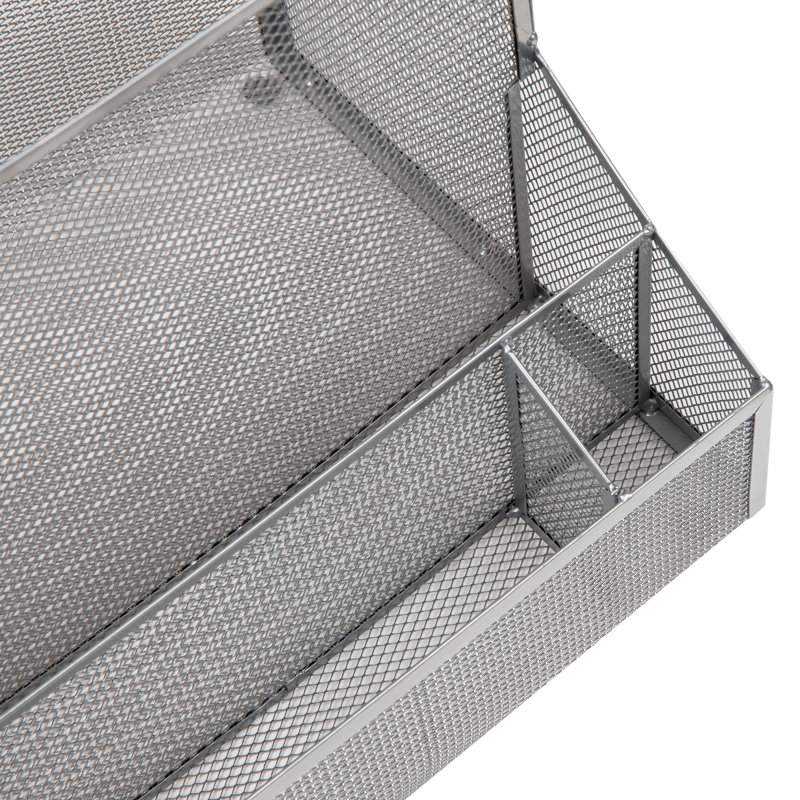 Silver Metal Mesh Desktop Organizer with Vertical File Storage