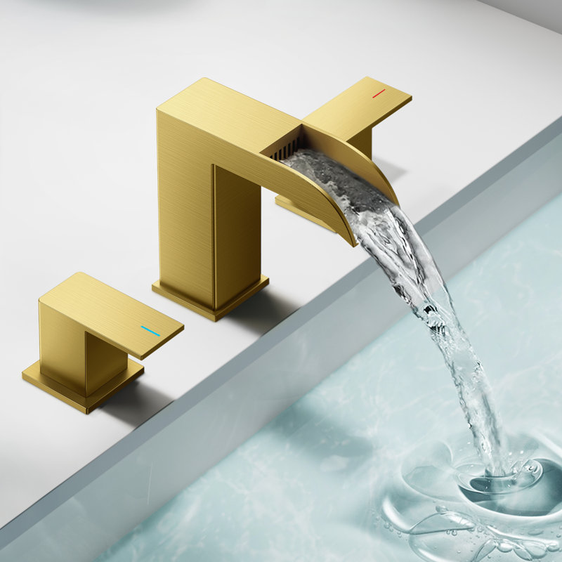 Waterfall Widespread Bathroom Faucet 3 Hole, 2-handle Bathroom Sink Faucet with Drain Assembly, Brushed Gold
