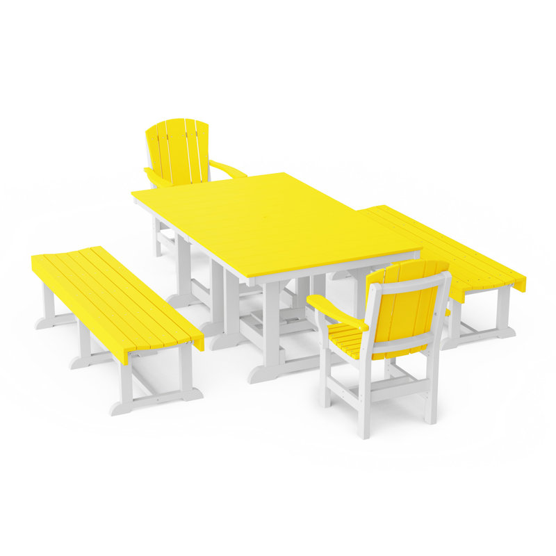 Heritage 5-Piece Rectangular Dining Set With Benches, Lemon Yellow/White