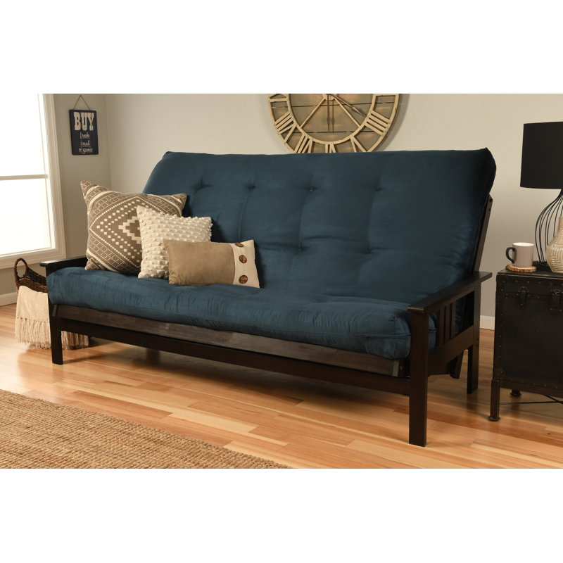 Johnte Queen 86" Futon Frame and Mattress, Blue Microsuede, Espresso, Premium Pocket Coil