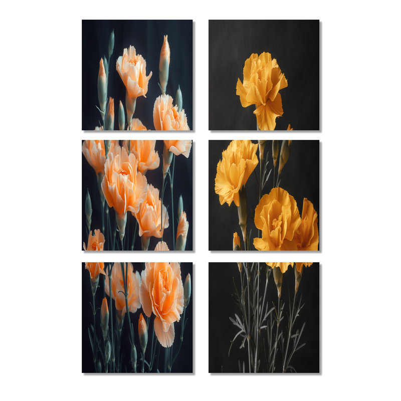 Monochromes jaunes et noirs, œillets, photo de fleurs, œillets, ensemble de salon, ensemble de 6, Toile tendue