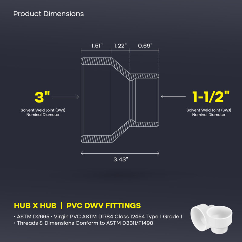 3 in. x 1-1/2 in. White PVC DWV Increaser-Reducer Coupling, Hub x Hub Drain, Waste & Vent Systems (25-Pack)