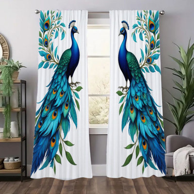 2Pcs Elegant Peacock Printed Curtains, Vibrant Bird Themed Room Decor Curtain For living bedroom Kitchen Rod Pocket Window Drapes, Treatments, Home Docor