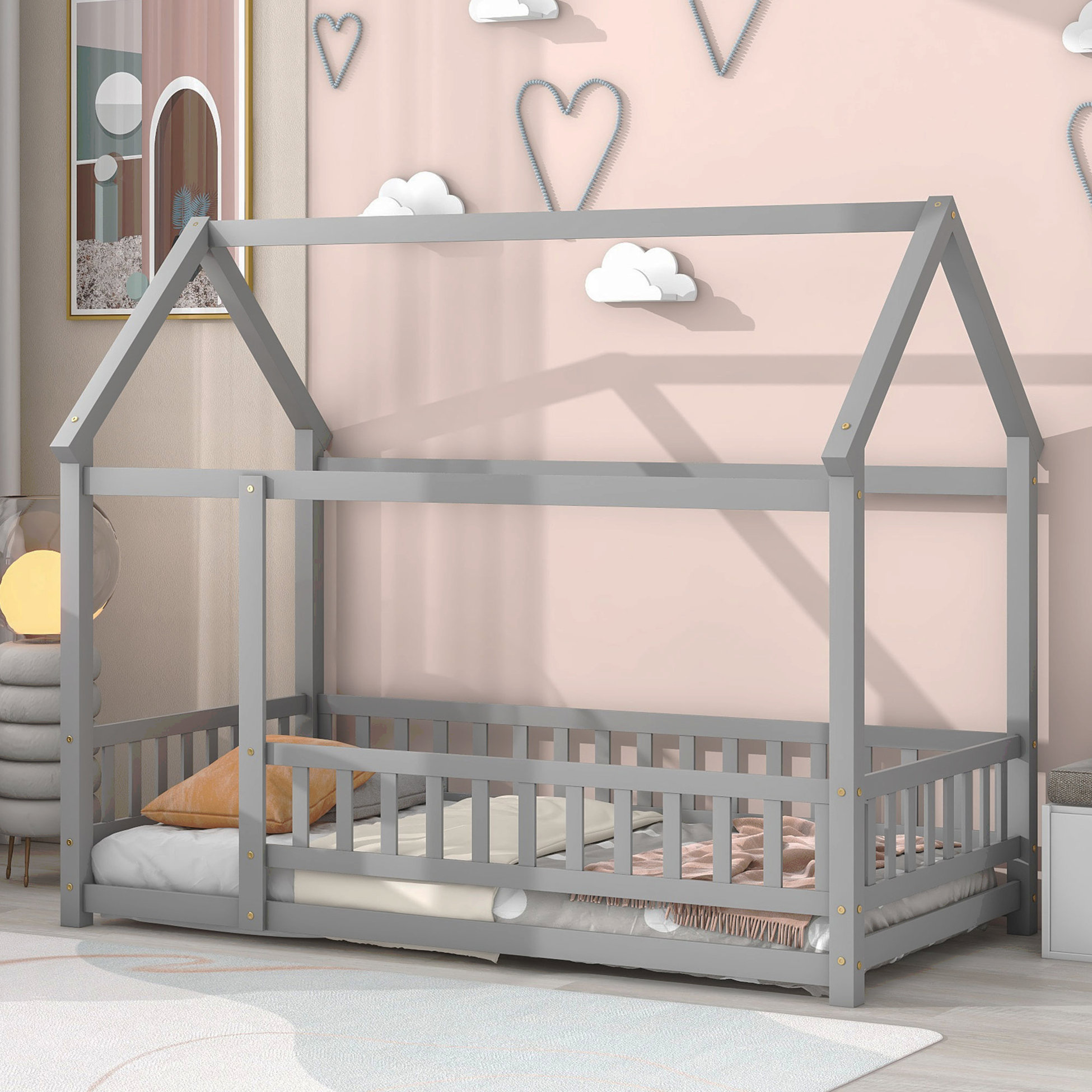 Ebern Designs Full Size Floor Wooden Bed With House Roof Frame, Fence ...