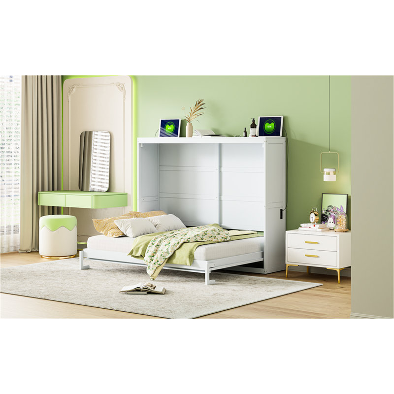 Grand lit blanc à fixation murale - pliable pour plus d'espace et un lit de repos confortable, avec base de matelas, Blanc