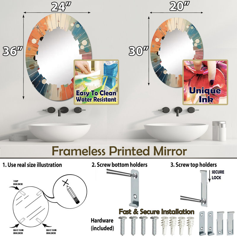 Huchison - Miroir mural Mid-Century ovale, 30 po x 20 po