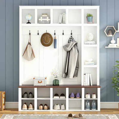 Farmhouse Wooden Style Hall Tree With 6 Hooks, Practical Walnut Storage Bench With Adjustable Shelves,  4-In-1 Entryway Shoe Cabinet With 13 Cubbies For Mudroom, Living Room, 76.7"H