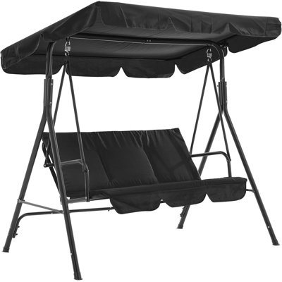 Balancelle de patio extérieure à 3 places, noire, balancelle de véranda avec cadre en acier avec auvent imperméable réglable, rembourrée pour la cour, pour le jardin