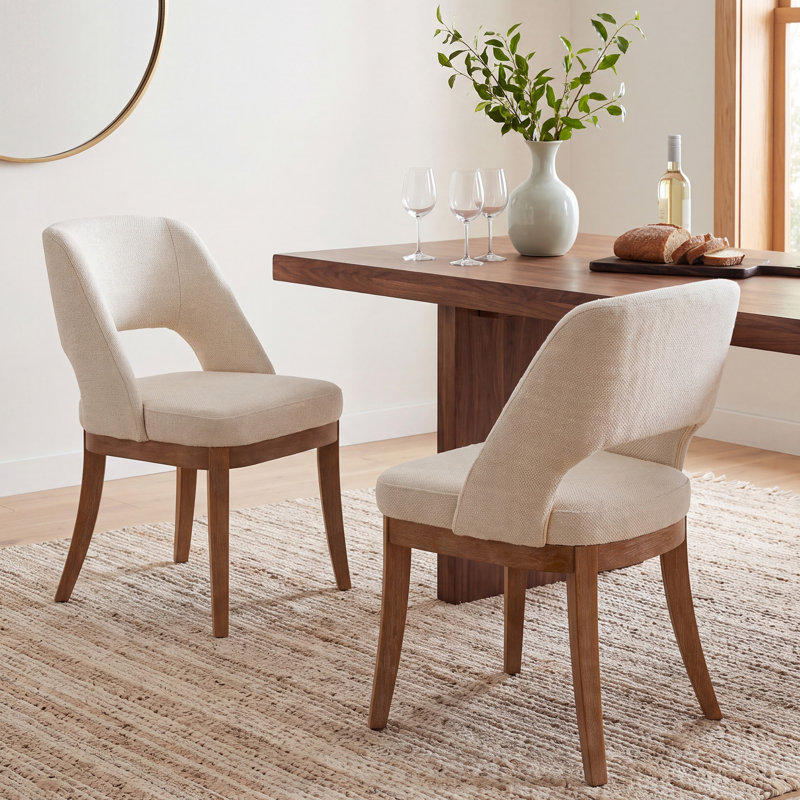 Ensemble de 2 chaises de salle à manger rembourrées Colamy Elvia, chaises modernes à dossier ouvert et revêtement en tissu incurvé avec pieds en bois d'hévéa massif