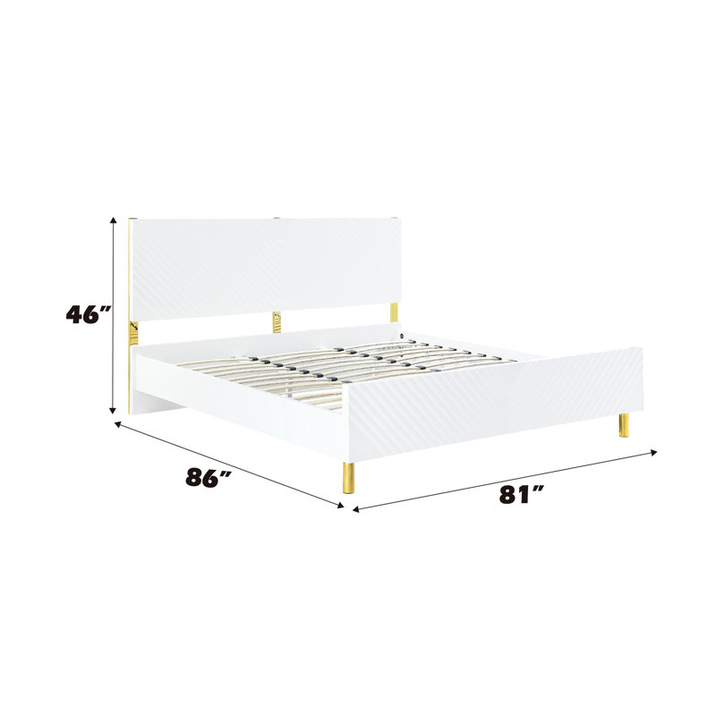 Lit Ek en métal blanc et bois synthétique - lustré, sans sommier tapissier, structure entièrement en K, motif ondulé, 39 lattes, 4 pieds, capacité de poids de 660 lb avec un ressort lustré nécessaire, conception