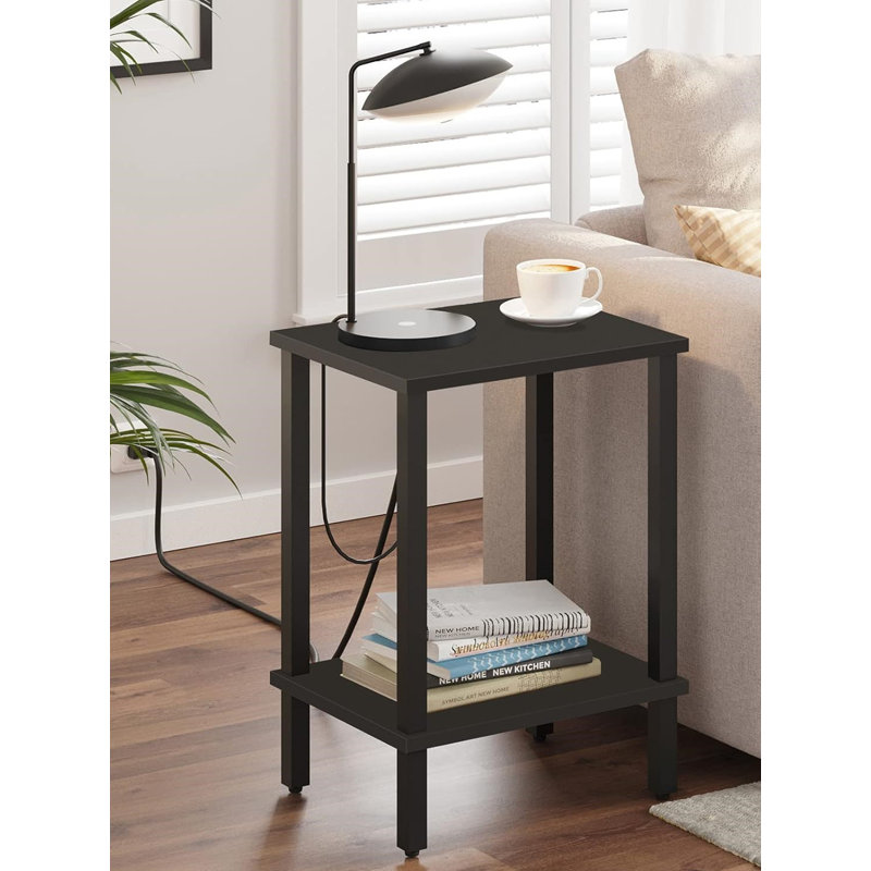 Black 2-Tier Rectangular Side Table with Storage Shelf
