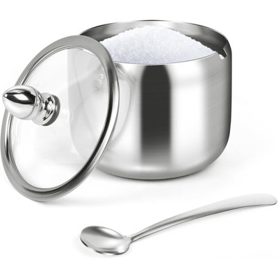 Silver Sugar Container with Glass Lid & Spoon