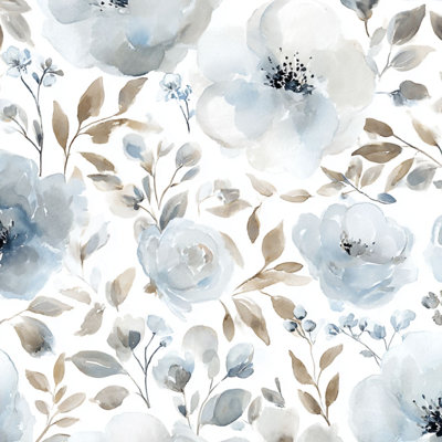 Papier peint adhésif à motifs floraux blanc, bleu poudré, bleu et beige. Décoration murale amovible et autocollante pour chambre, cuisine et placards. 45 cm x 300 cm.