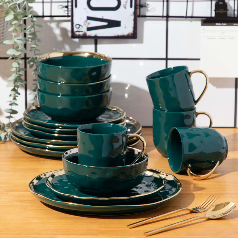 Colour Piece Handmade Ceramic Dinnerware Set - Service for 4, Teal/Gold