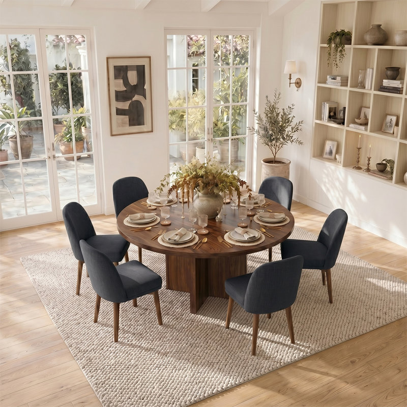 Ensemble de salle à manger rond en noyer de 60 pouces avec 6 chaises rembourrées, Black