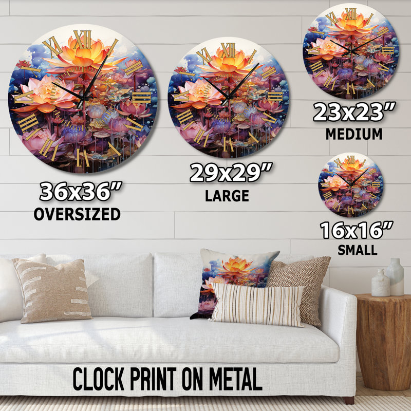 Horloge murale orange, bouddhiste et mandala, Surdimensionné