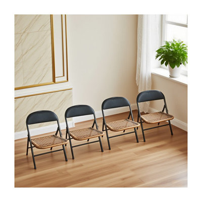 Rattan Bar Stools Set of 4 - Black Steel Frame Indoor Counter Stools for Kitchen, Bedroom & Living Room - Modern Woven Design