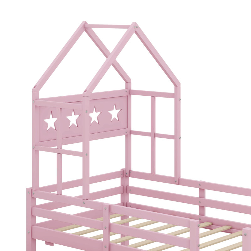 Twin-Size Wooden Platform Bed With Safety Guardrails And Integrated Drawers, Pink