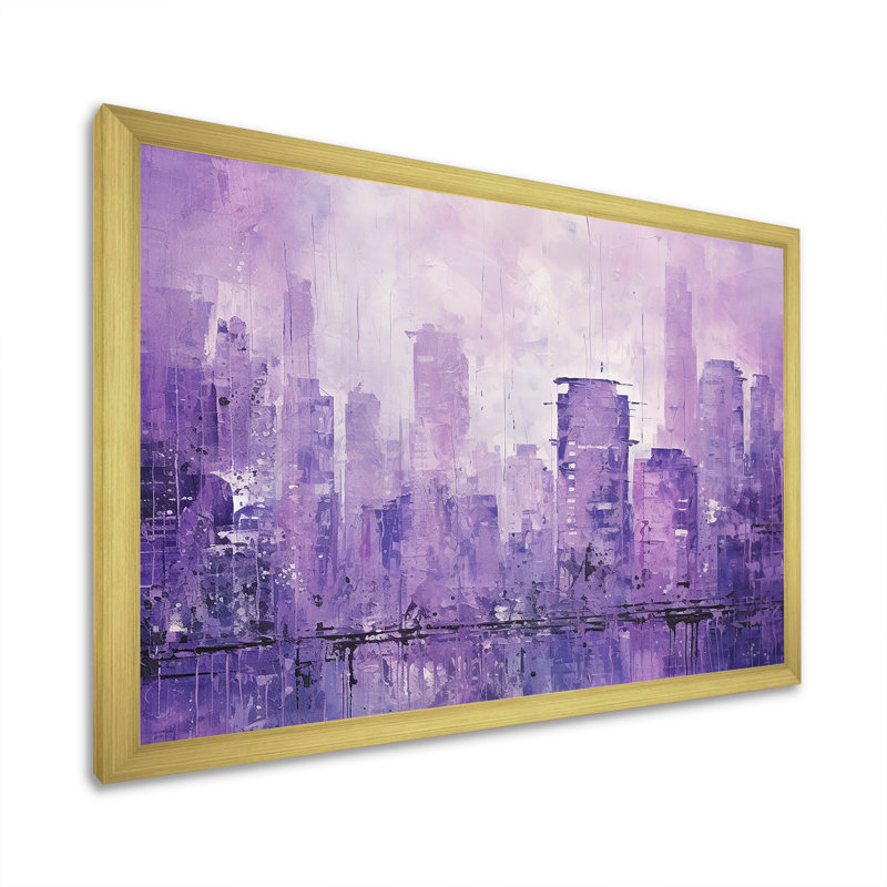 «Violet Cityscape High Rise Skycraper I», reproduction sur toile, H 16 po x l 32 po x P 1 po, Cadre doré simple