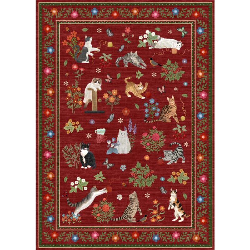 Tapis lavable à bordure florale pour salon Chat d'intérieur avec tapis décoratif moderne antidérapant pour Dortoir, Rouge