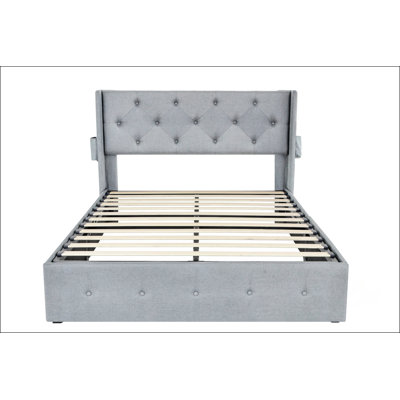 Full Size Bed Frame With Gas Lift Storage Bed With Modern Wingback Headboard
