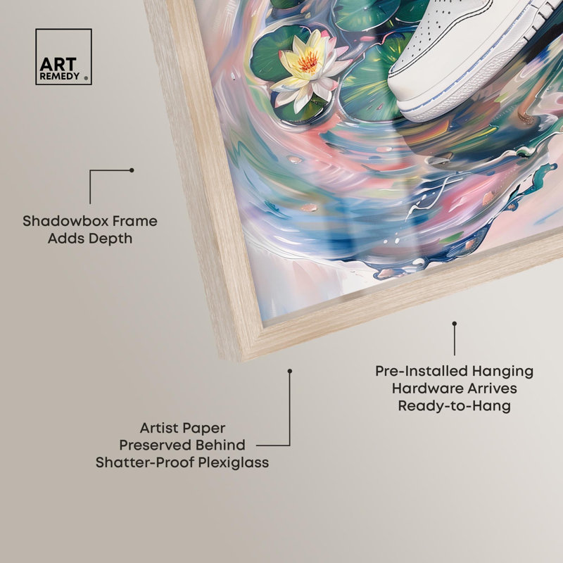 «Lilypads Sneaker Splash Shadowbox Print Sneaker» par Art Remedy, H 41 po x l 41 po, Crème, crème