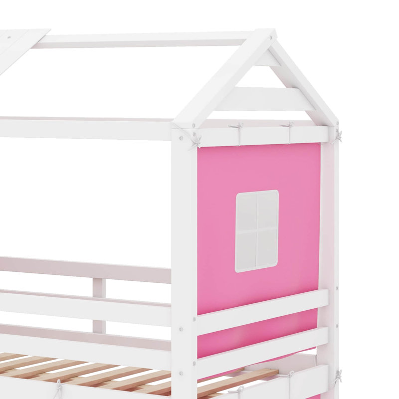 Lit simple superposé en bois avec tente, Lit simple, Rose/Blanc