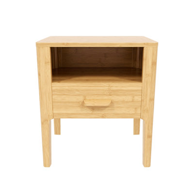 Mid-Century Modern Solid Bamboo Wood Nightstand with Drawer and Open Shelf, Bedside Table, Natural