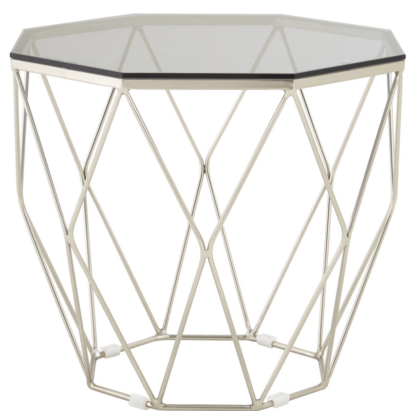 Fultz Glass Top Frame End Table, Grey, Nickel