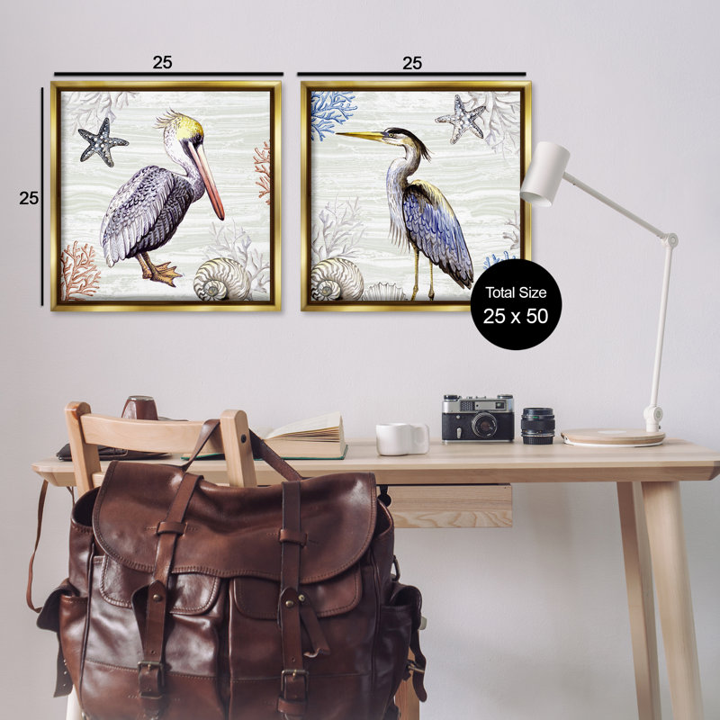 Coastal Pelican & Heron, ensemble de 2 toiles flottantes encadrées par Elena, Cadre flottant métallique doré
