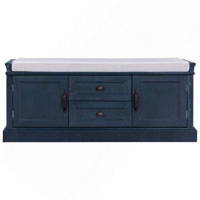 Storage Bench with 2 Drawers and 2 Cabinets, Shoe Bench with Removable Cushion for Living Room, Entryway