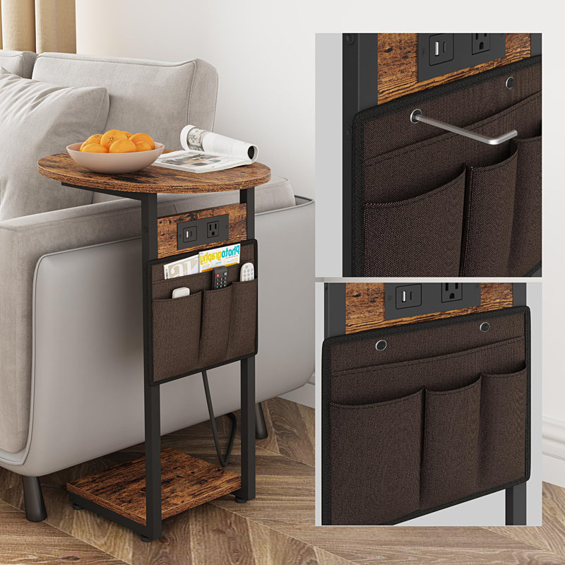 C Shaped End Table with Charging Station, Rustic Brown