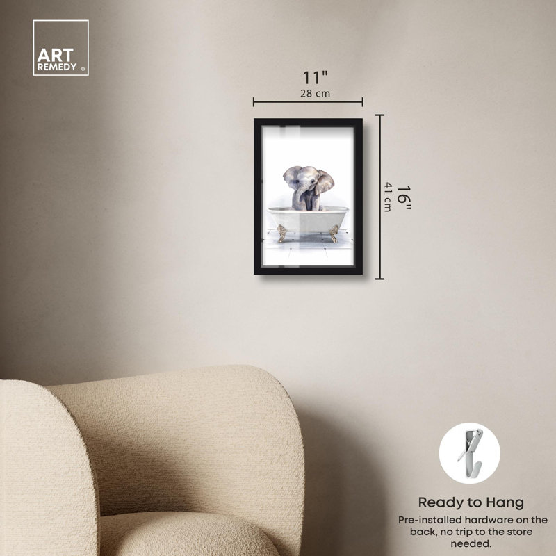 «Bathaign Elephant Shadowbox Print Trendy Bathroom Art» par Art Remedy, Noir, H 16 po x l 11 po