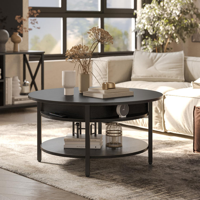 Black Round Wood Lift-Top Coffee Table with Storage